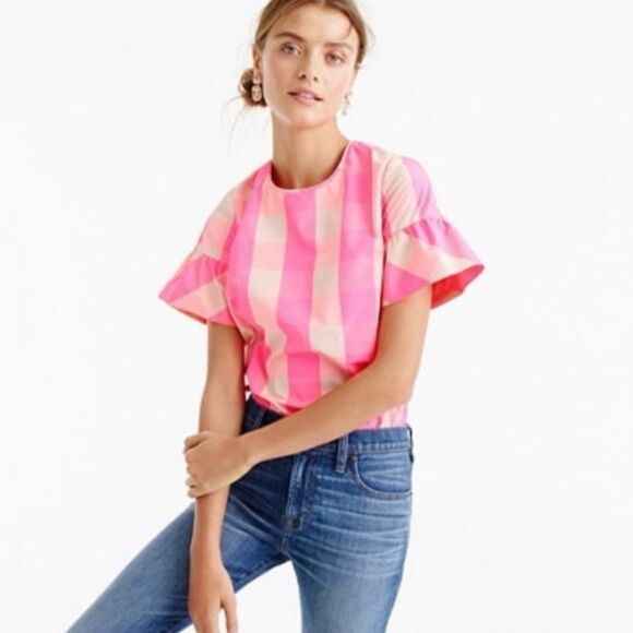 J. Crew Ruffle-Sleeve Neon Buffalo Check Top Size 0 - Picture 1 of 10